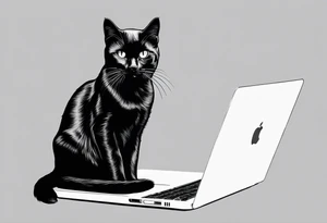 A black cat sitting in Front of a MacBook and Programming. tattoo idea