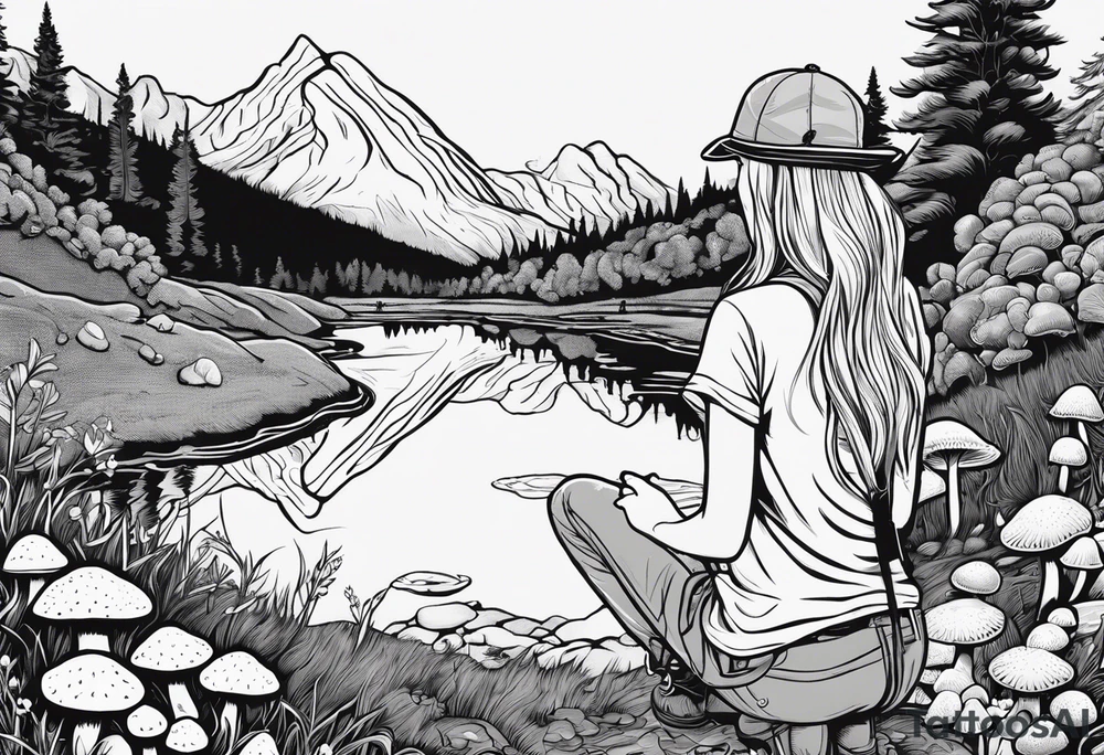 Whole picture within a circle Straight long blonde hair hippie girl in distance holding mushrooms in hand facing away toward mountains and creek surrounded by mushrooms tee shirt hiking pants hiking boots tattoo idea