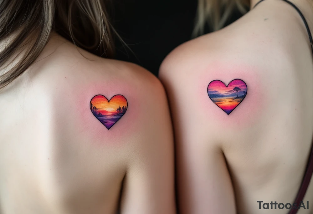 Tiny hearts shaded with a sunset gradient of orange, pink, and purple across each partner shoulder blades. tattoo idea