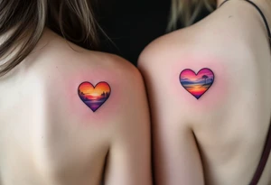 Tiny hearts shaded with a sunset gradient of orange, pink, and purple across each partner shoulder blades. tattoo idea