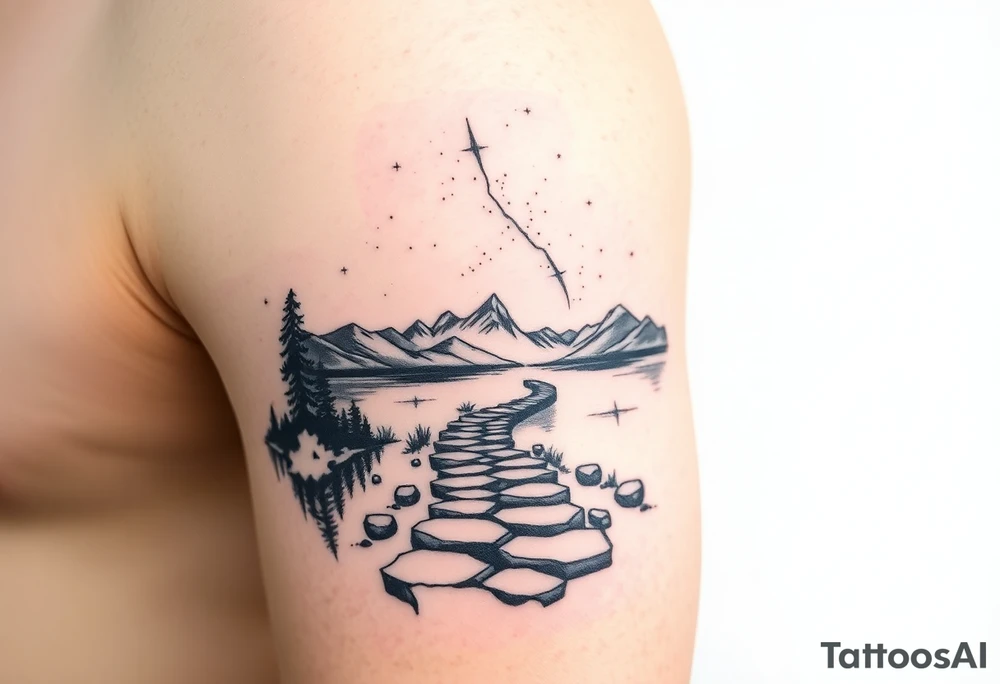 Pathway to lake scene with the cosmos in the sky tattoo idea