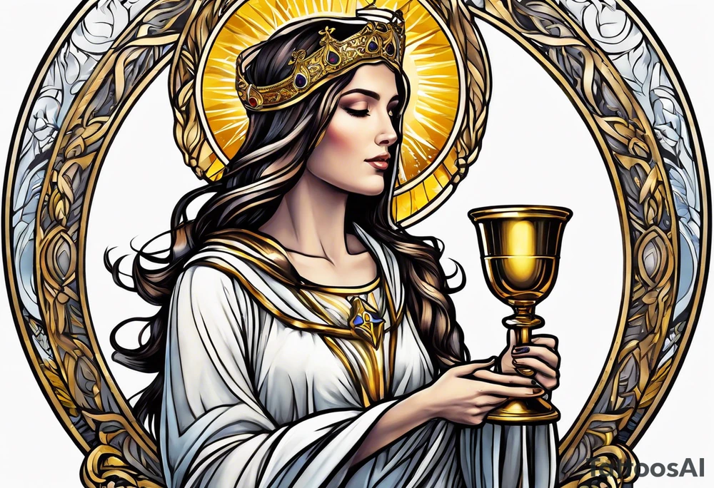 holy saint woman turned away with golden halo holding a chalice tattoo idea