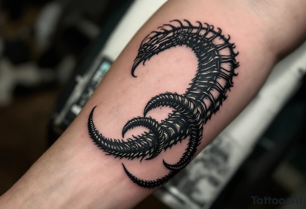 A dark Xenomorph tail spiraling around the arm, with segments that glow in a soft greenish hue, contrasting the black of the body. tattoo idea