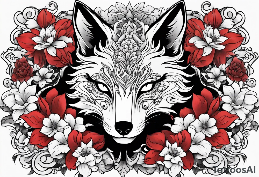 mask , kitsune , red flowers tattoo idea