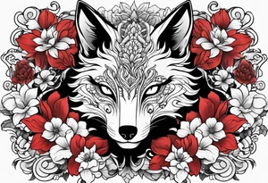 mask , kitsune , red flowers tattoo idea