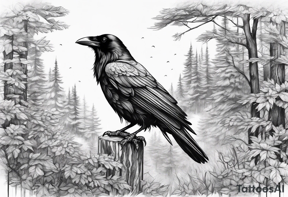 raven in nature tattoo idea