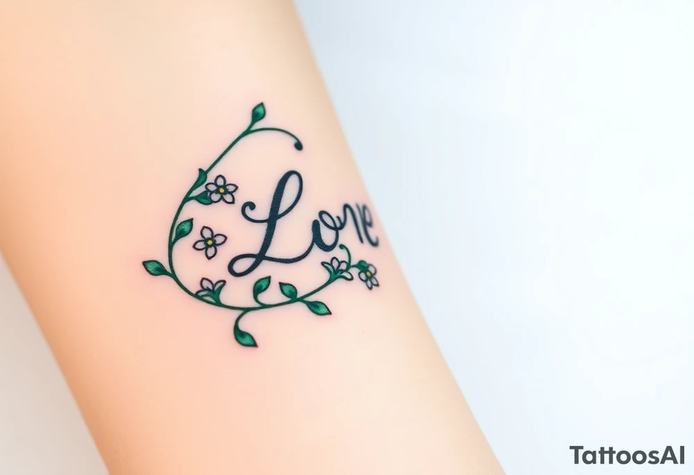 A vine-like infinity sign in deep emerald green, with small flowers blooming around "Love," symbolizing growth and an everlasting bond tattoo idea