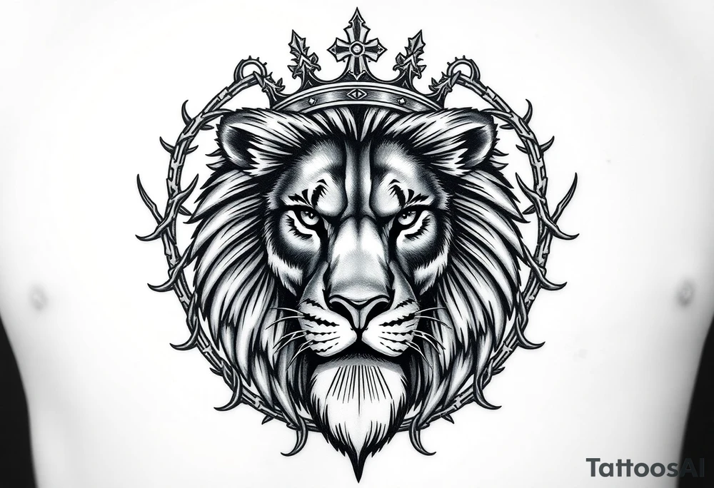Powerful majestic lion facing forward, intense gaze, wearing a royal crown, ultra-detailed black and grey realism tattoo style.
Ornamental thorn designs wrapping around and framing the lion, symmetrical and elegant.
A Christian cross in the background, centered and vertical, partially hidden behind the lion’s head and mane, only the edges and tips of the cross visible.
High contrast, clean linework, fine shading, tattoo-ready design, masculine, regal, spiritual symbolism, chest/back tattoo composition, no color, no text. tattoo idea