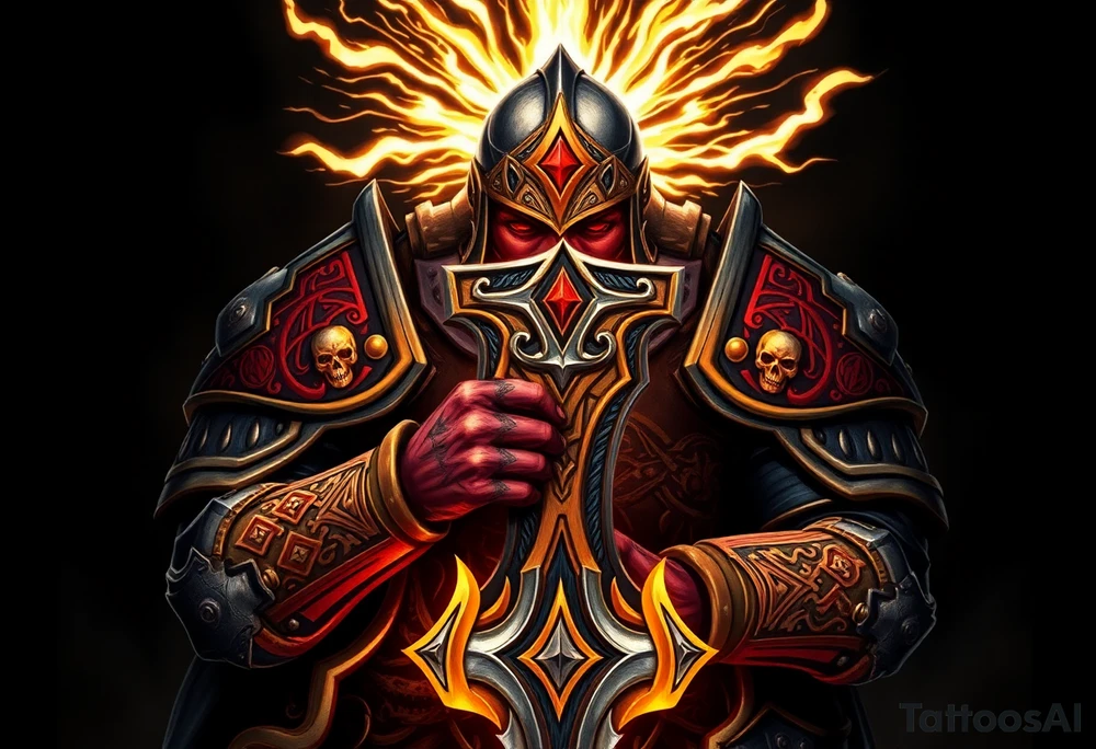 Warhammer, the Old World. A warrior priest of Sigmar holding The Warhammer of Sigmar. The Warhammer of Sigmar is radiating thunderous energy. The Warhammer is held by the warrior priest with both hands upon his chest level. The Warrior priest is wearing dark alloyed heavy armour (reference armor from warhammer vermintide 2 Victor Saltzpyres, the warrior priest of Sigmar class) with skull sigils on his shoulder pads. The warrior priest is wearing a helmet, while the helmets front visor has an humanoid face covering. The helmet and armour are gladened with hints of gold and crimson red. The Warhammer is silverish and golden with a long handle tattoo idea