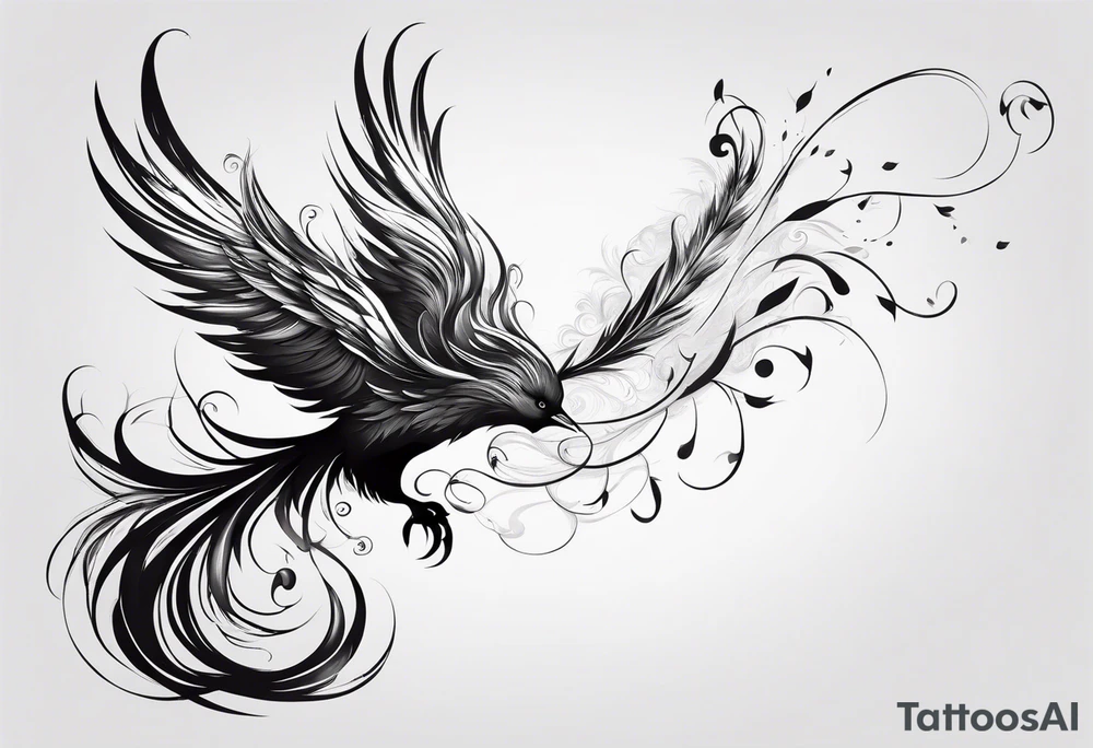 minimalist pheonix with long tail curling and feathers coming off tail tattoo idea