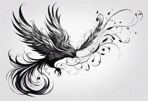 minimalist pheonix with long tail curling and feathers coming off tail tattoo idea