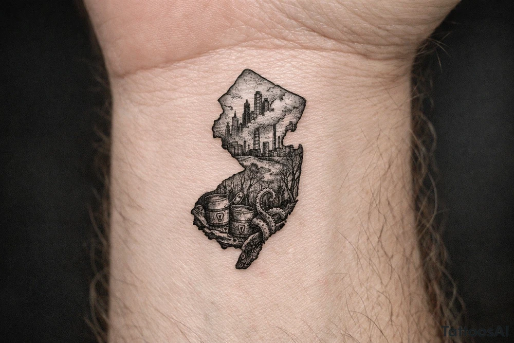 Outline of the shape of New Jersey with a dirty city skyline in the north fading in smog filled refineries in the northern part of central Jersey going into a toxic waste forest with a few tentacles and hazardous waste barrels tattoo idea