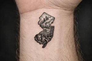 Outline of the shape of New Jersey with a dirty city skyline in the north fading in smog filled refineries in the northern part of central Jersey going into a toxic waste forest with a few tentacles and hazardous waste barrels tattoo idea