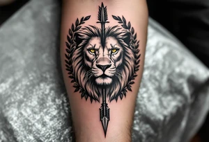 a spiritual lion with yellow eyes that come down an arrow and surrounded by a olive tree leaf around tattoo idea