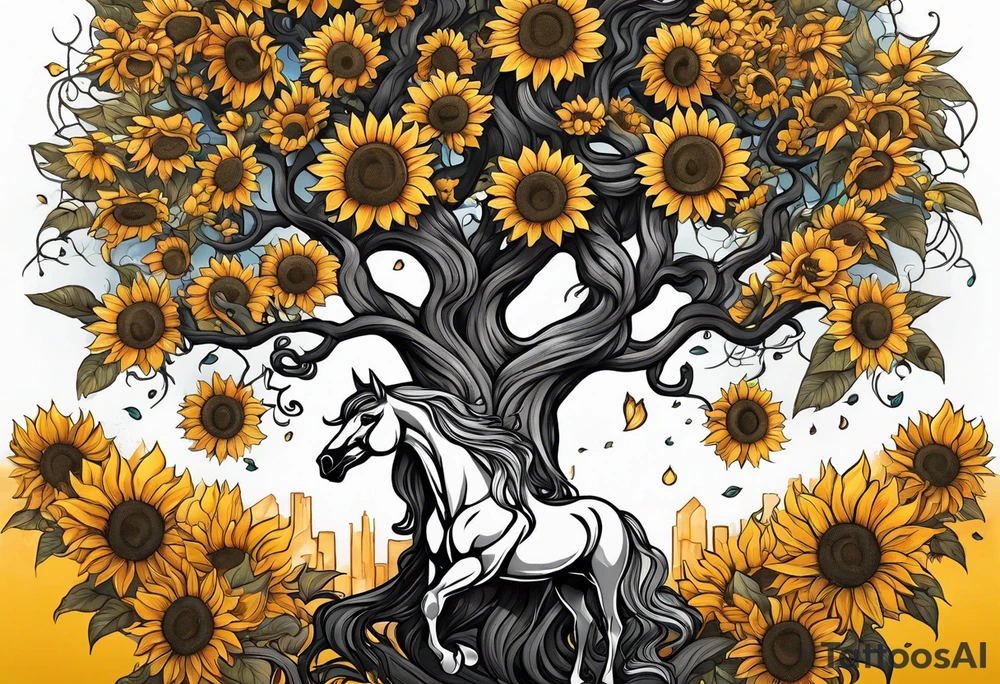 Yggdrasil tree, horse in front of it, and sunflowers tattoo idea