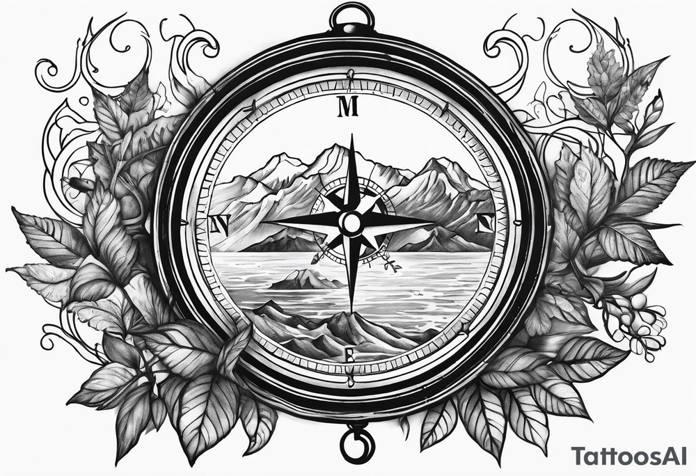 Long Vine branch mountains sea 
music compass tattoo idea