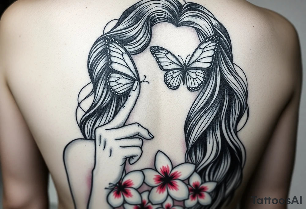Womens realistic face with her long wavey hair flowing down. Her back  while she kneels down  naked on Her knees in Beautiful pink plumeria
 looking straight ahead her eyes are there but covered by a butterfly for each eye her small nose i seen her as she has her index finger to her lips as if saying keep it a secret or be quiet and her arm up with both hand to each of her ears as not trying to hear anything tattoo idea