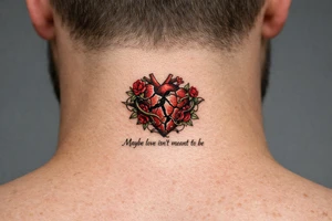 Anatomical heart broken beyond repair entwined by blooming vines, full chest piece. Maybe love isn’t meant to be tattoo idea