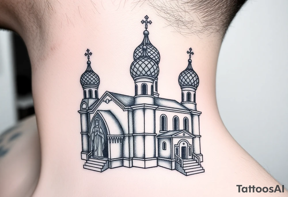 medium sized Russian orthodox church with bulb domes with a prominent russian orthodox style virgin mary stood outside to the left tattoo idea