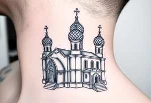 medium sized Russian orthodox church with bulb domes with a prominent russian orthodox style virgin mary stood outside to the left tattoo idea
