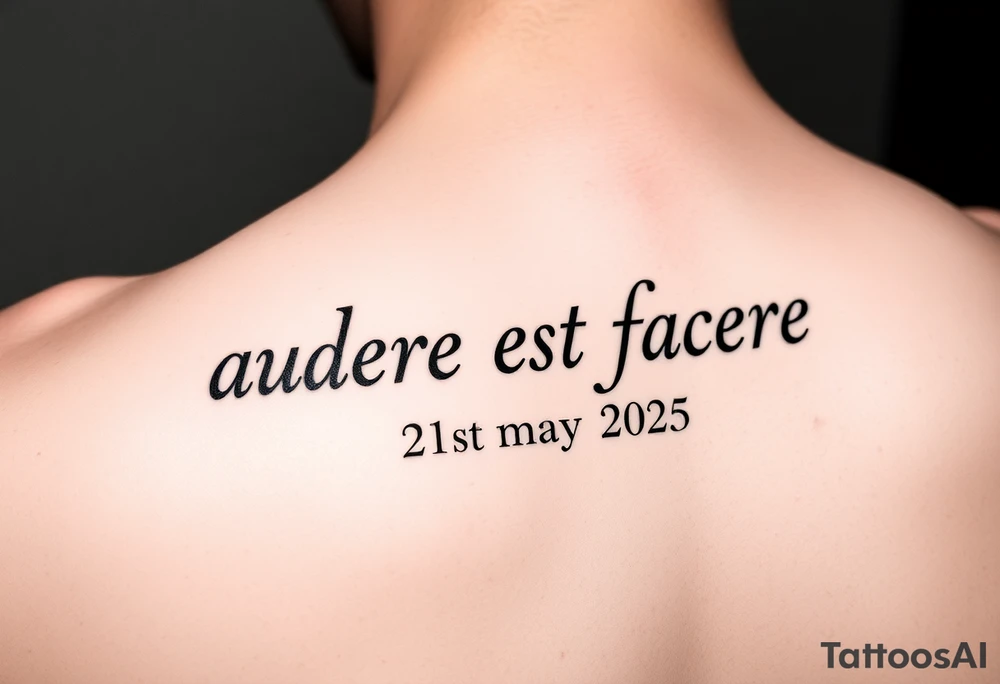 Do a tattoo on a guys forearm with the text ”audere est facere” and ” 21 st may 2025 ” under the text tattoo idea