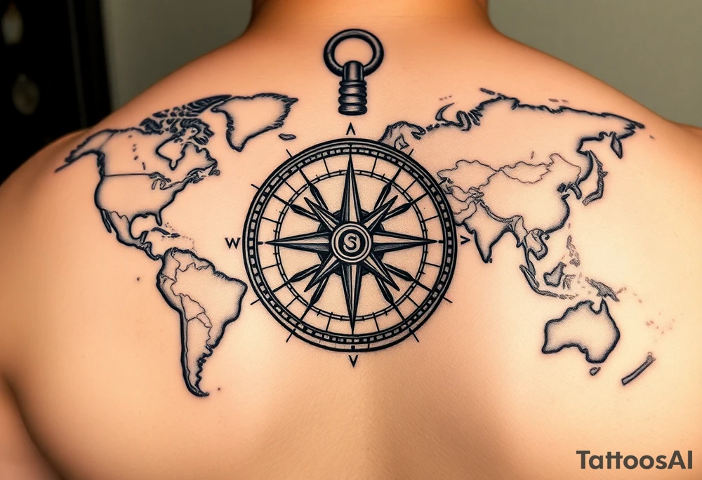 antique compass overlaid on weathered world map with Queen Anne's Revenge tattoo idea