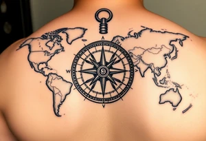 antique compass overlaid on weathered world map with Queen Anne's Revenge tattoo idea