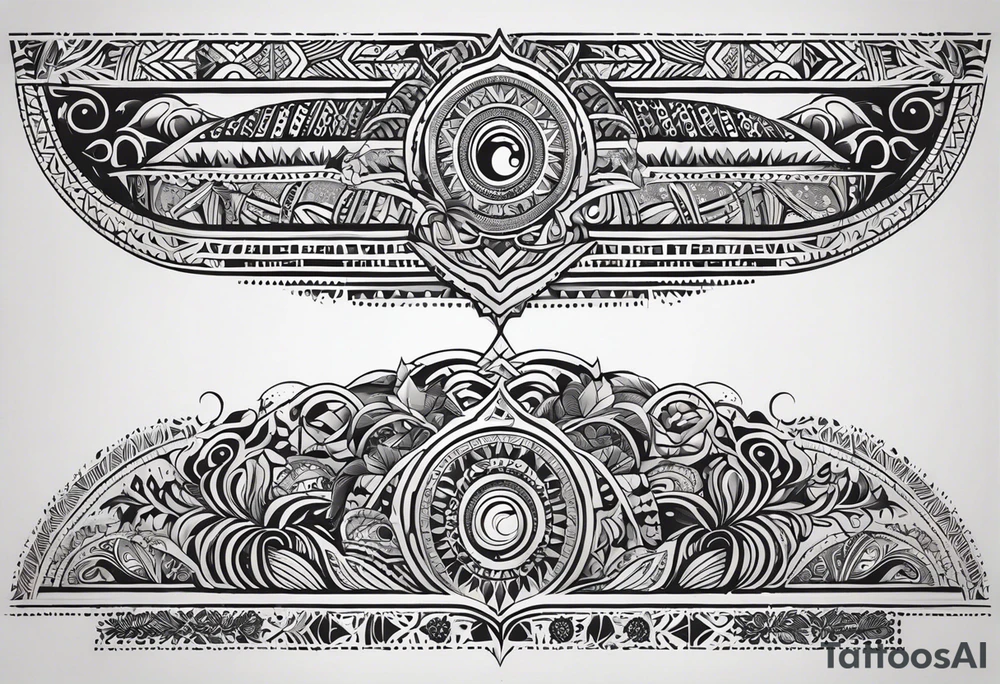 Ornement en longueur du coude à mi bras. Forme géométrique en longueur avec des signes aborigène australiens, un soleil, des vagues et des feuilles en rapport à l’Australie ou Bali. tattoo idea