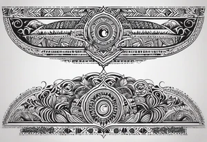 Ornement en longueur du coude à mi bras. Forme géométrique en longueur avec des signes aborigène australiens, un soleil, des vagues et des feuilles en rapport à l’Australie ou Bali. tattoo idea