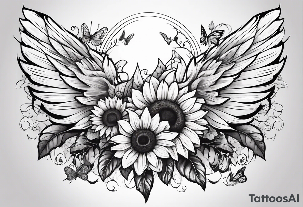 Sleeve with angel wings, sunflower and butterfly tattoo idea
