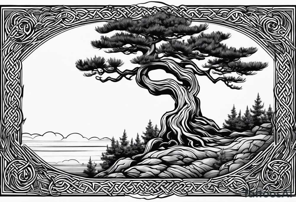 Pine tree and on the oposite side a juniper tree as ot os a reflaction.  roots of both trees are joined and entangeled in celtic trinity sign tattoo idea