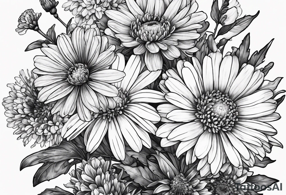 botanical illustration of full plant aster, daisy, and carnations tattoo idea