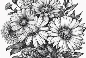 botanical illustration of full plant  aster, daisy, and carnations tattoo idea