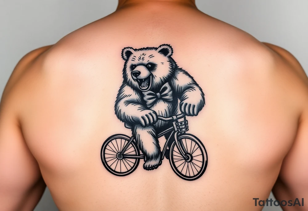Fierce bear riding a tricycle wearing a bow tie tattoo idea