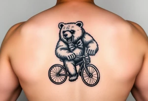 Fierce bear riding a tricycle wearing a bow tie tattoo idea