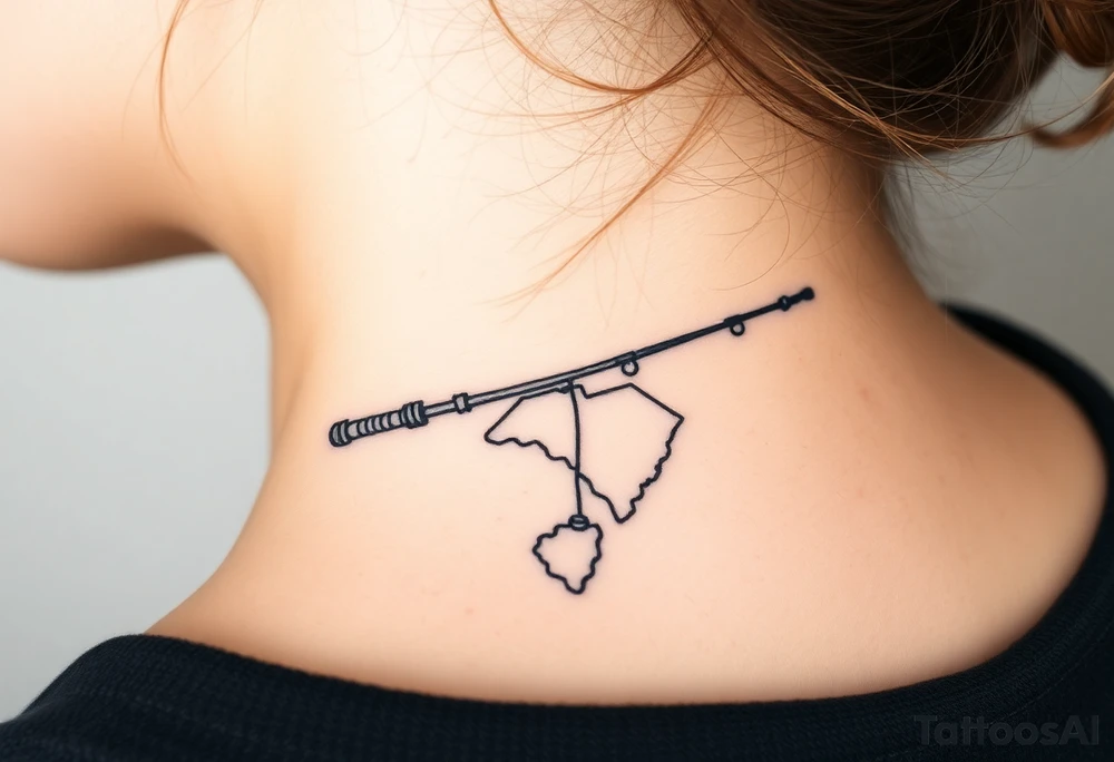 Old fishing rod with South Carolina state dangling as if caught tattoo idea