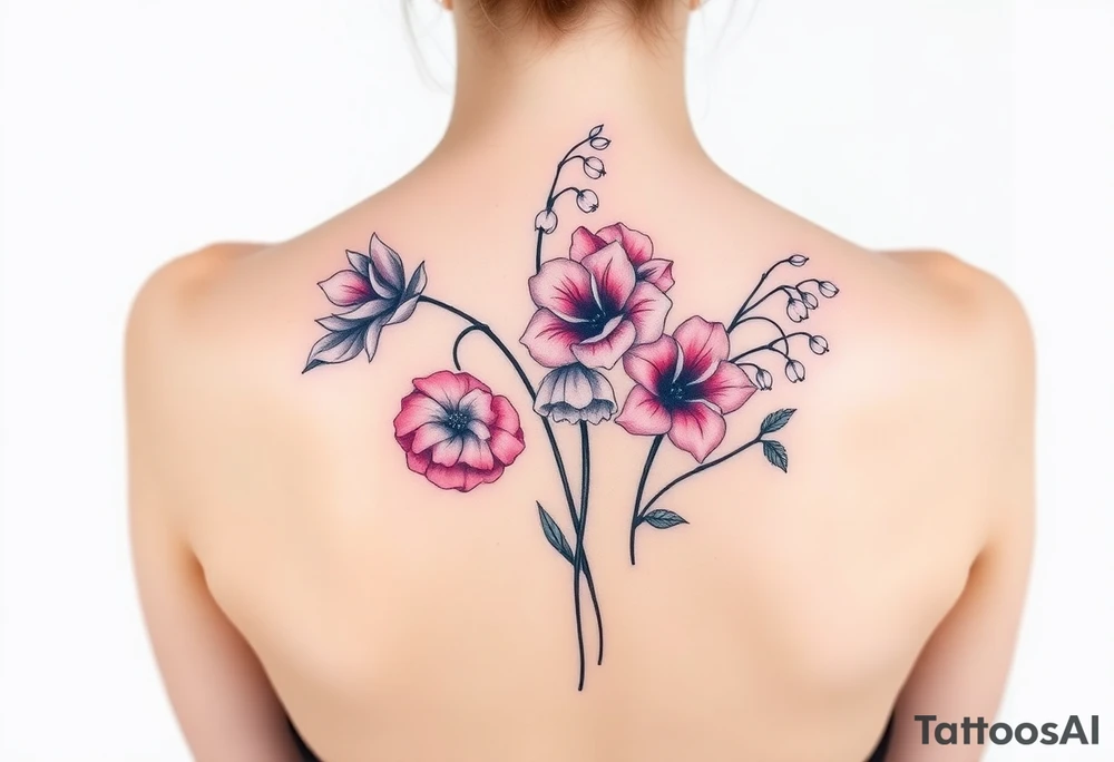 Carnation, Astor, Rose, Lily of the valley, Larkspur with realistic, stems, running down middle of the back tattoo idea