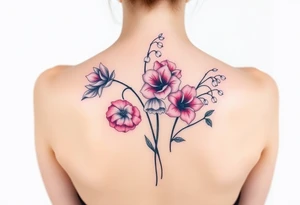 Carnation, Astor, Rose, Lily of the valley, Larkspur with realistic, stems, running down middle of the back tattoo idea