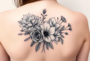3d realistic Bouquet of flowers with a Carnation, a rose, a lily, a larksper, and aster flowers tattoo idea