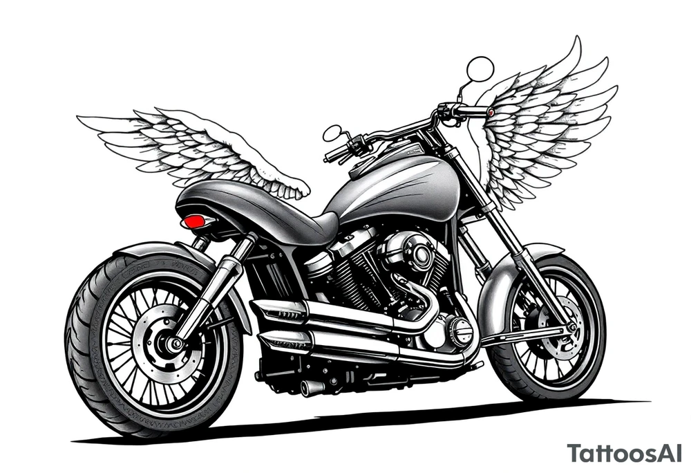 Low rider grey motorcycle, big muffler pipes with flames, angel wings, driving away, no person tattoo idea