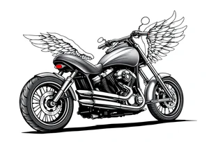 Low rider grey motorcycle, big muffler pipes with flames, angel wings, driving away, no person tattoo idea