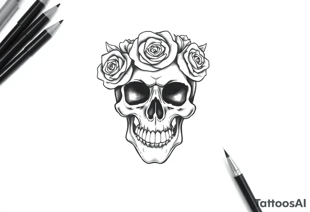 skull with crown of roses tattoo idea