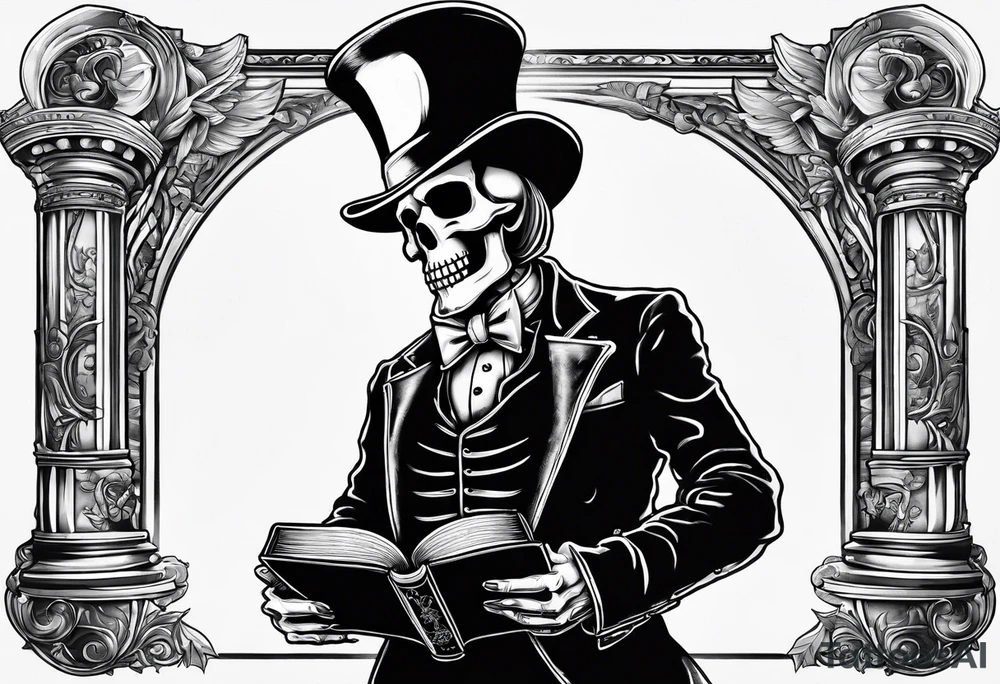 old time skeleton wearing a top hat holding a bible tattoo idea