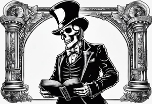 old time skeleton wearing a top hat holding a bible tattoo idea