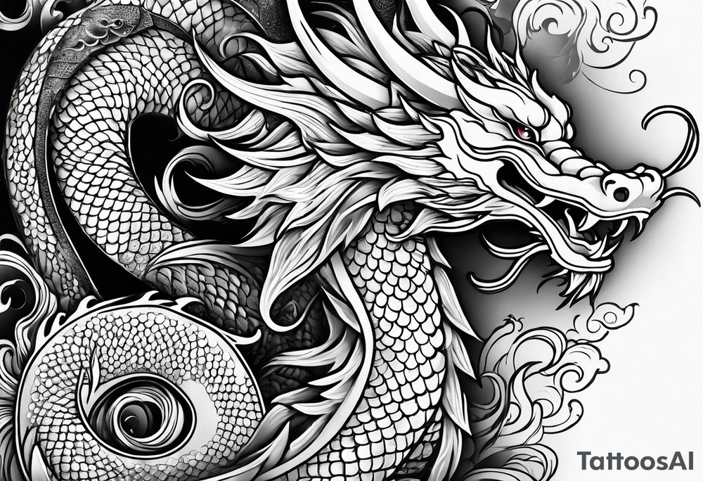 Asian Māori dragon, koi, water, black, shoulder tattoo idea