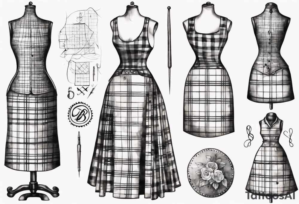Tailor's mannequin in plaid woman's dress. Nearby a needle tracing two initials, plus a thimble. Dress Is composed by skirt and gilet. tattoo idea