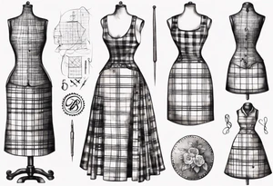 Tailor's mannequin in plaid woman's dress. Nearby a needle tracing two initials, plus a thimble. Dress Is composed by skirt and gilet. tattoo idea