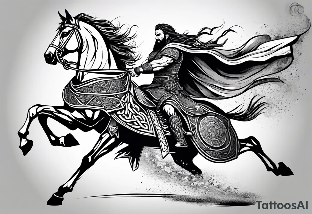 Full body side profile of Celtic warrior running into battle tattoo idea