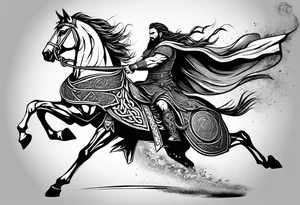 Full body side profile of Celtic warrior running into battle tattoo idea
