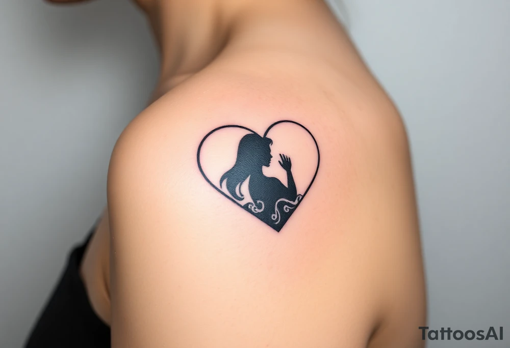 A mother and child shadow inside a heart-shaped puzzle piece, in black and white with a subtle blue glow tattoo idea